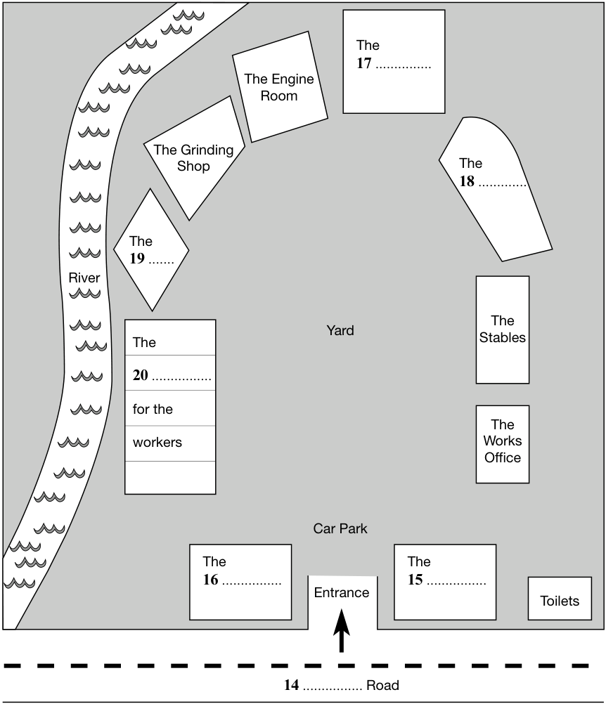 Original village plan with numbered blanks 14 to 20, the river, buildings, yard, car park and entrance.